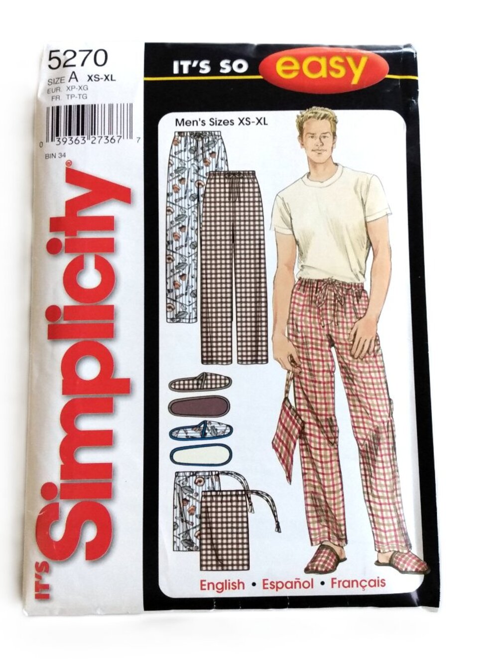 Men Pajama Pants, Slippers & Bag Sewing Pattern Size XS-XL UNCUT Simplicity 5270
